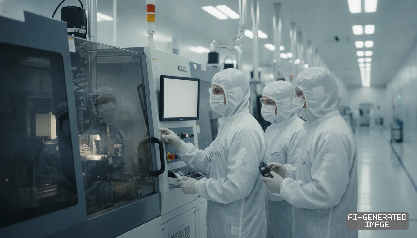 Technicians wearing protective cleanroom suits operate machinery inside a semiconductor fabrication facility. (AI-generated image)