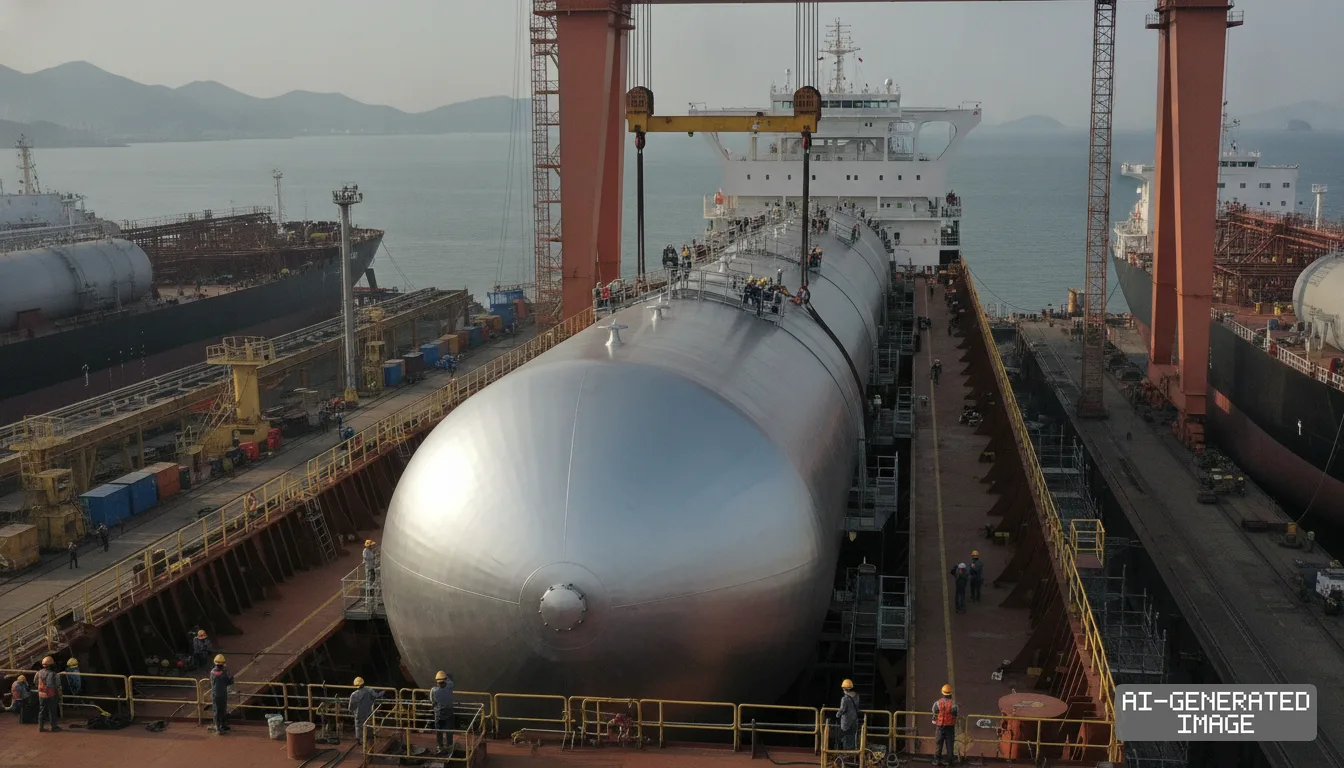 Shipyard workers guide a massive cylindrical gas tank into the hull of a vessel under construction. (AI-generated image)
