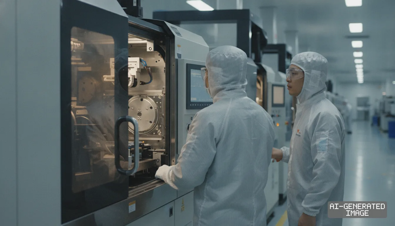 Workers wearing protective cleanroom suits monitor semiconductor manufacturing equipment in an SK hynix production facility. (AI-generated image)