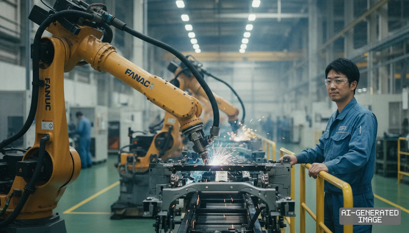 A factory worker monitors yellow Fanuc robotic arms welding metal components along an automated assembly line. (AI-generated image)