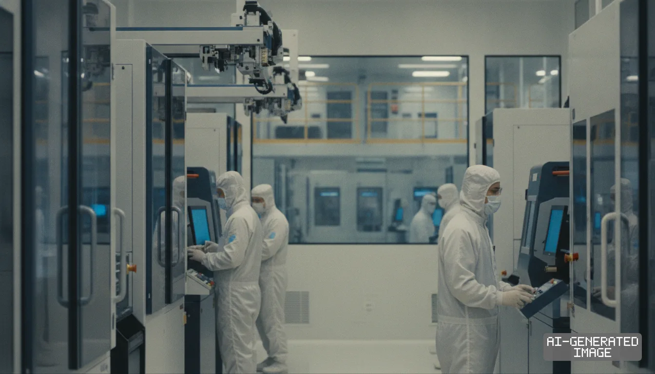 Workers in protective cleanroom suits operate equipment inside a semiconductor manufacturing facility. (AI-generated image)