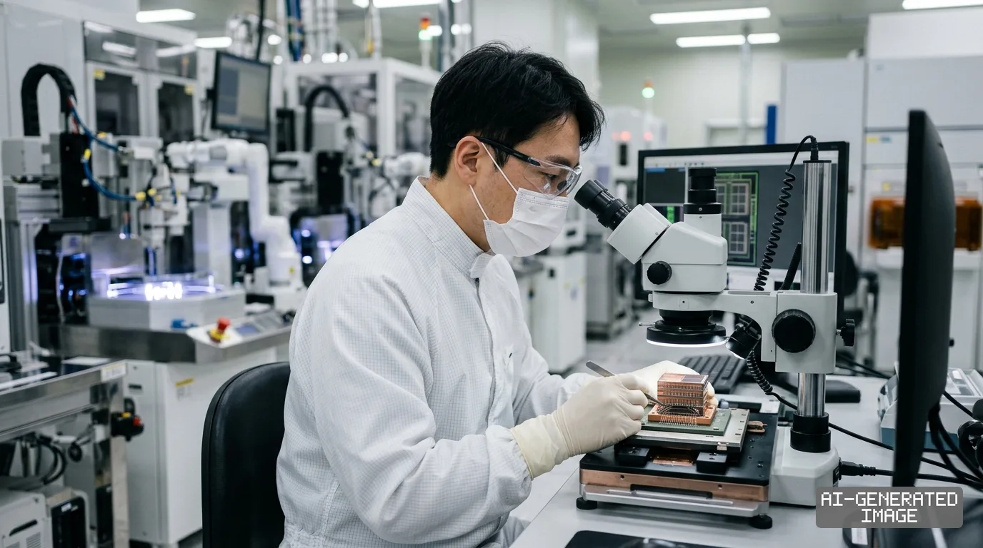 A technician examines a stacked semiconductor package under a microscope in a cleanroom facility. (AI-generated image)