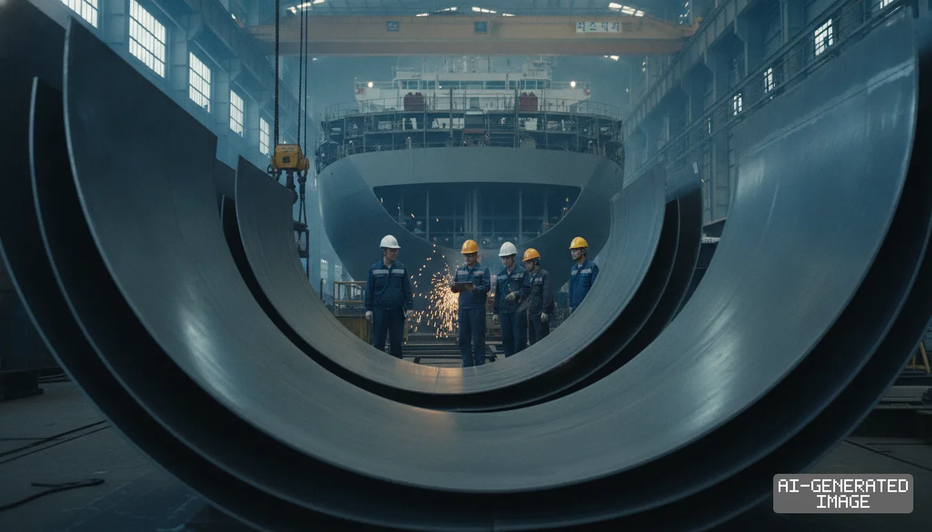 Workers stand among curved steel plates inside a shipyard facility with a large vessel hull under construction in the background. (AI-generated image)