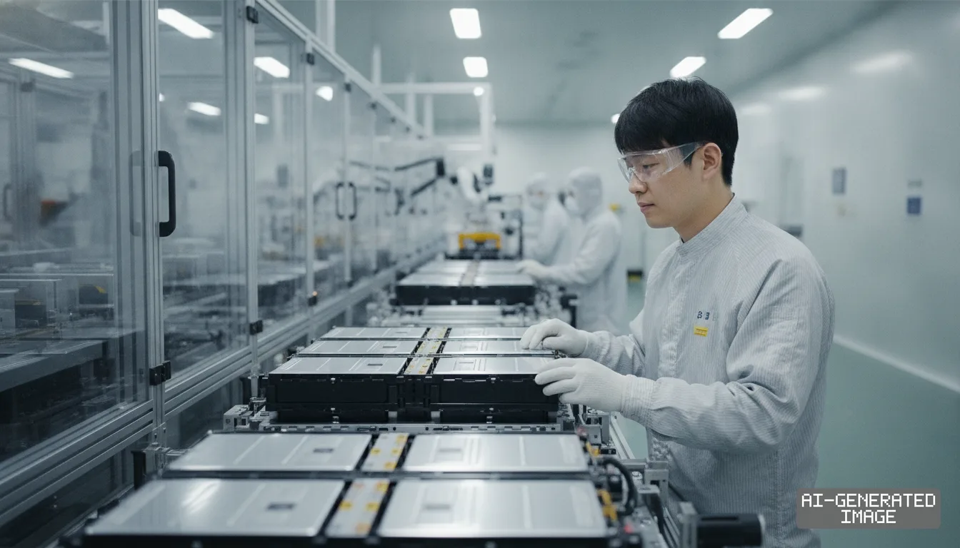 A technician inspects battery modules along an automated assembly line inside a South Korean battery manufacturing facility. (AI-generated image)