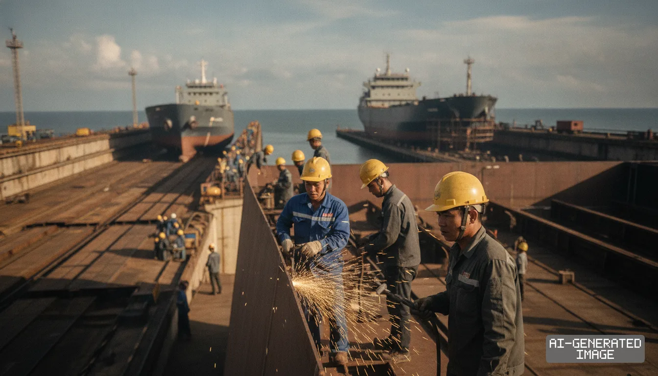 Shipyard workers cut and assemble steel plates in the foreground as large vessels sit in drydocks behind them. (AI-generated image)