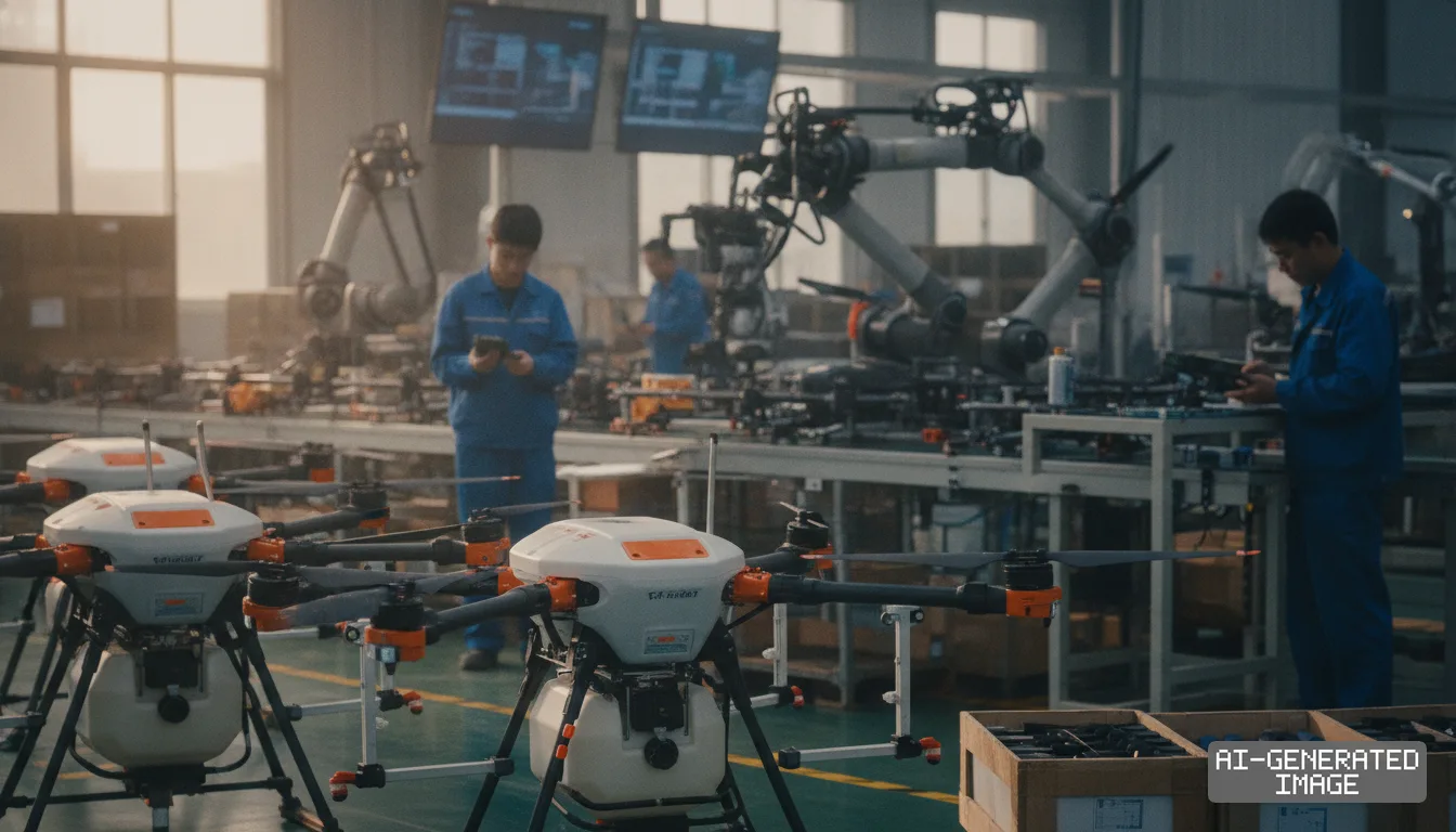 Workers assemble agricultural drones on a factory production line equipped with robotic arms. (AI-generated image)