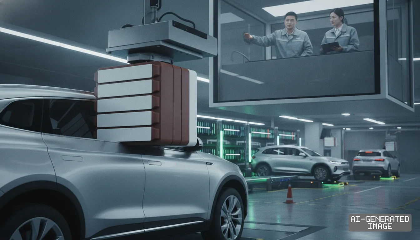 Technicians monitor an automated battery-swapping station as a robotic mechanism handles modular battery blocks for an electric vehicle. (AI-generated image)