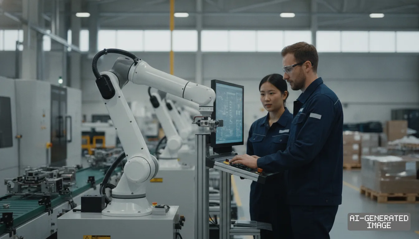 Technicians operate a control terminal beside collaborative robotic arms deployed along a factory assembly line. (AI-generated image)