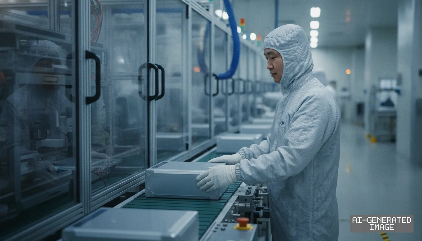 A worker in protective cleanroom gear handles a component on a conveyor line at the SES AI battery manufacturing facility in Chungju. (AI-generated image)