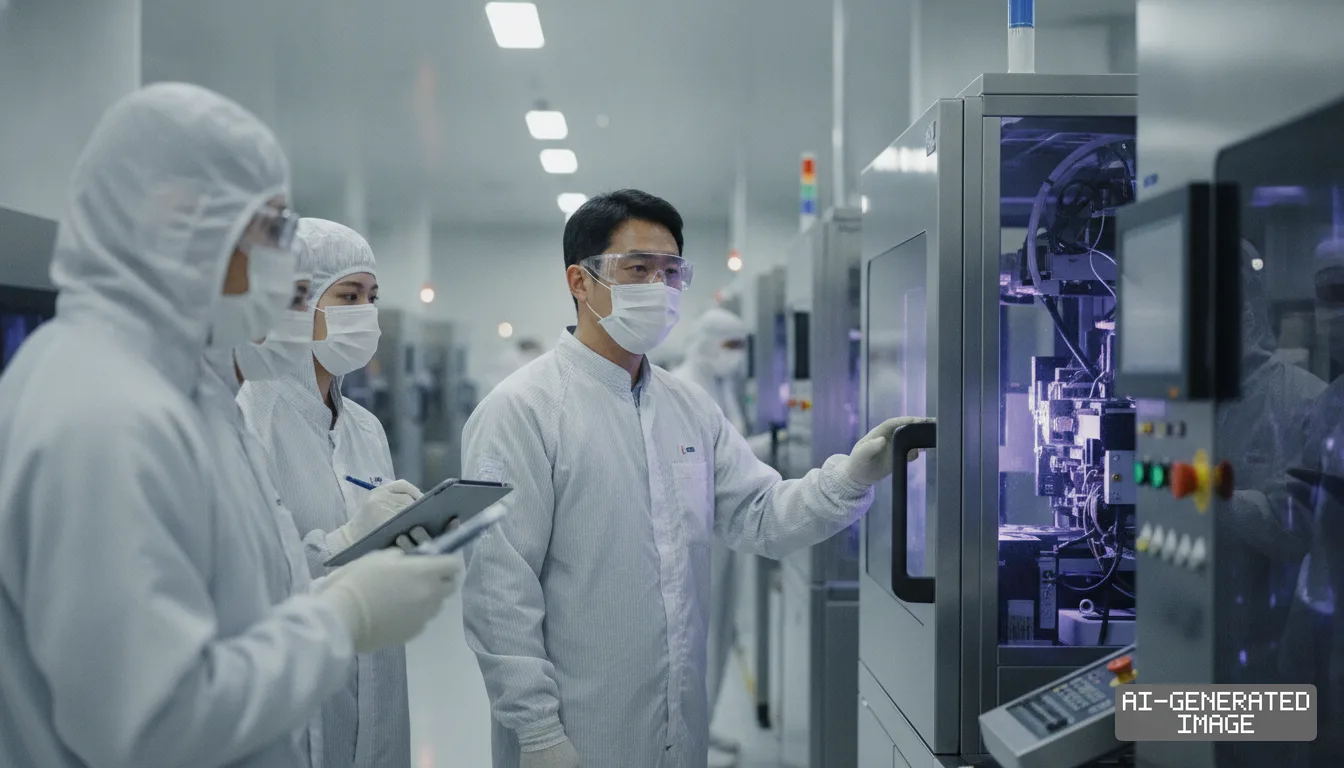 Technicians wearing protective suits and masks examine equipment inside a semiconductor manufacturing facility. (AI-generated image)