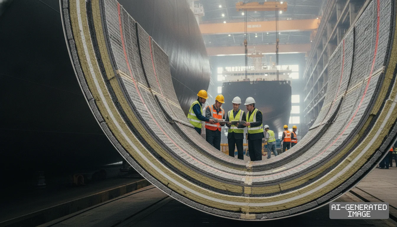 Shipyard engineers examine plans behind a curved, insulated cargo tank section inside a ship construction facility. (AI-generated image)