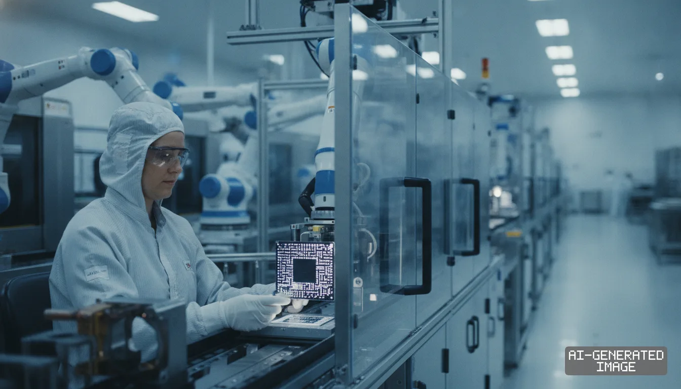 A technician in a cleanroom suit inspects a semiconductor component beside automated robotic arms in a manufacturing facility. (AI-generated image)