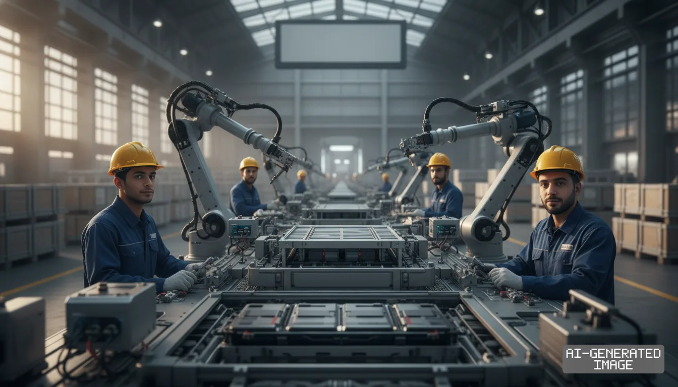 Workers in protective hard hats monitor robotic arms along an automated battery assembly line inside a manufacturing plant. (AI-generated image)