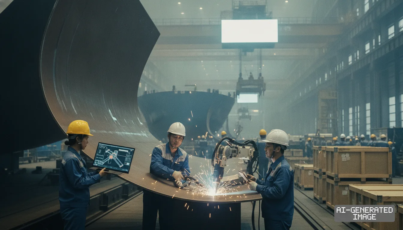 Shipyard workers use a laptop and digital tablet to monitor an automated robotic welding arm operating on a curved steel plate. (AI-generated image)