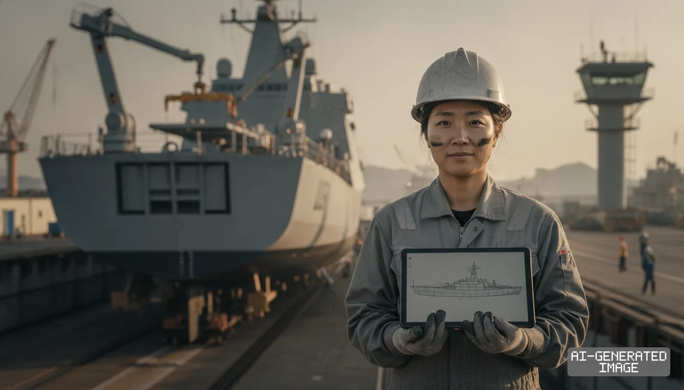 A worker holds a tablet displaying a naval vessel design in front of a ship stationed at a shipyard dry dock. (AI-generated image)