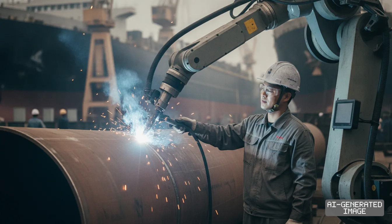 A worker in safety gear directs a robotic arm welding a large steel pipe at an industrial shipyard. (AI-generated image)