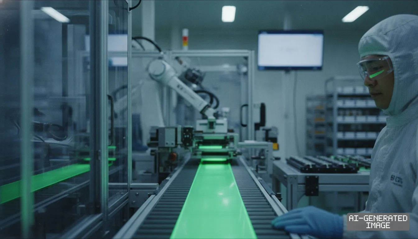 A worker in protective cleanroom gear monitors an automated battery manufacturing line with a robotic arm and conveyor. (AI-generated image)