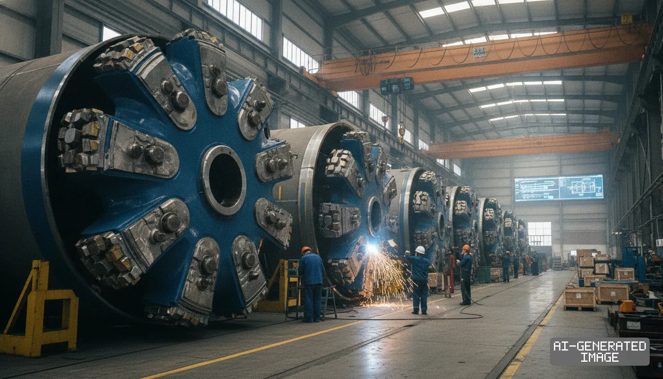 Workers assemble and weld massive tunnel boring machine cutterheads inside an industrial manufacturing facility. (AI-generated image)