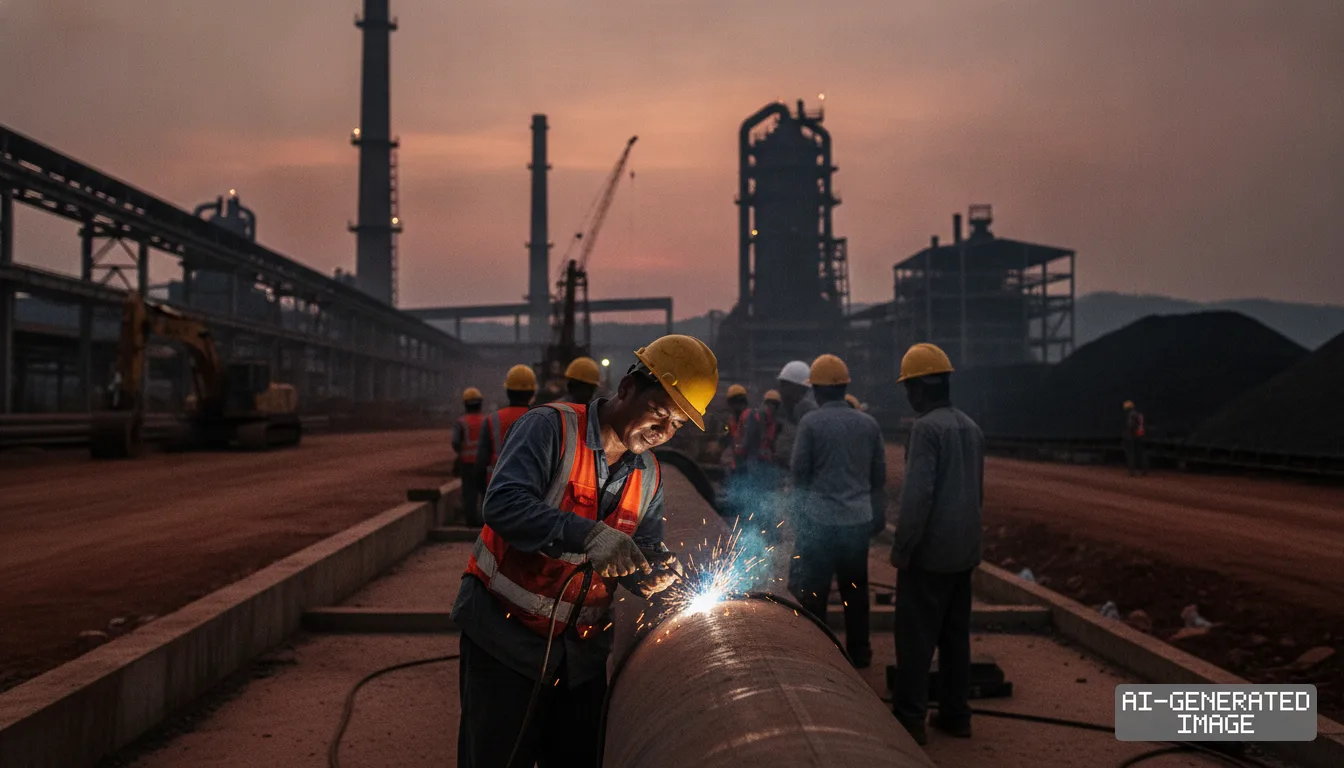 A worker welds a metal pipe at an industrial construction site as EcoPro BM funds an Indonesian nickel smelting project. (AI-generated image)
