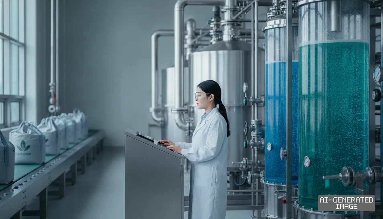 A technician in a lab coat operates a control panel beside large processing tanks and bags of carbon materials in a refining facility. (AI-generated image)