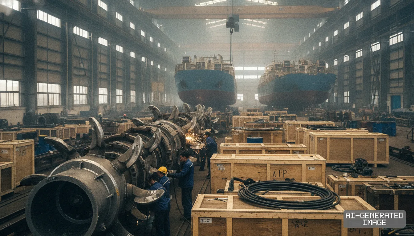 Workers assemble specialized dredging machinery amid wooden crates inside a large shipyard with vessel hulls under construction. (AI-generated image)