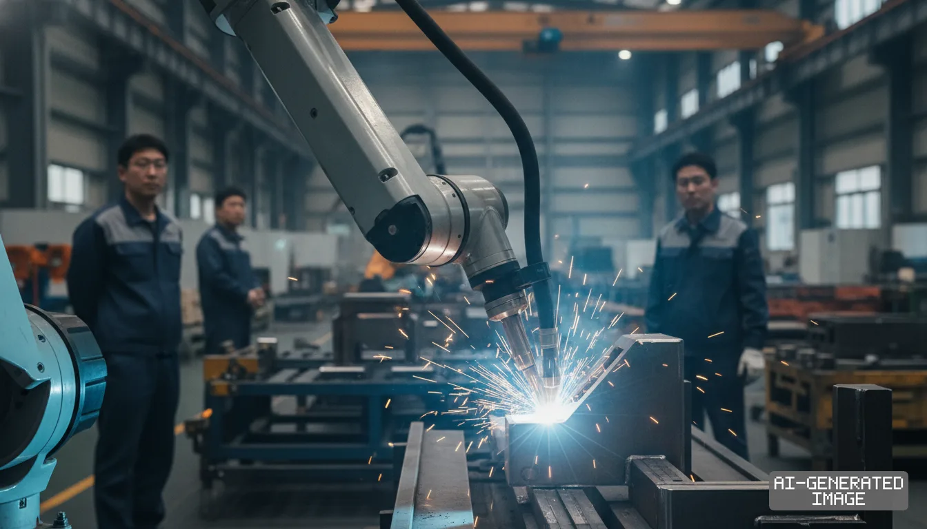 An automated robotic arm welds a metal component inside an industrial facility as factory workers observe in the background. (AI-generated image)