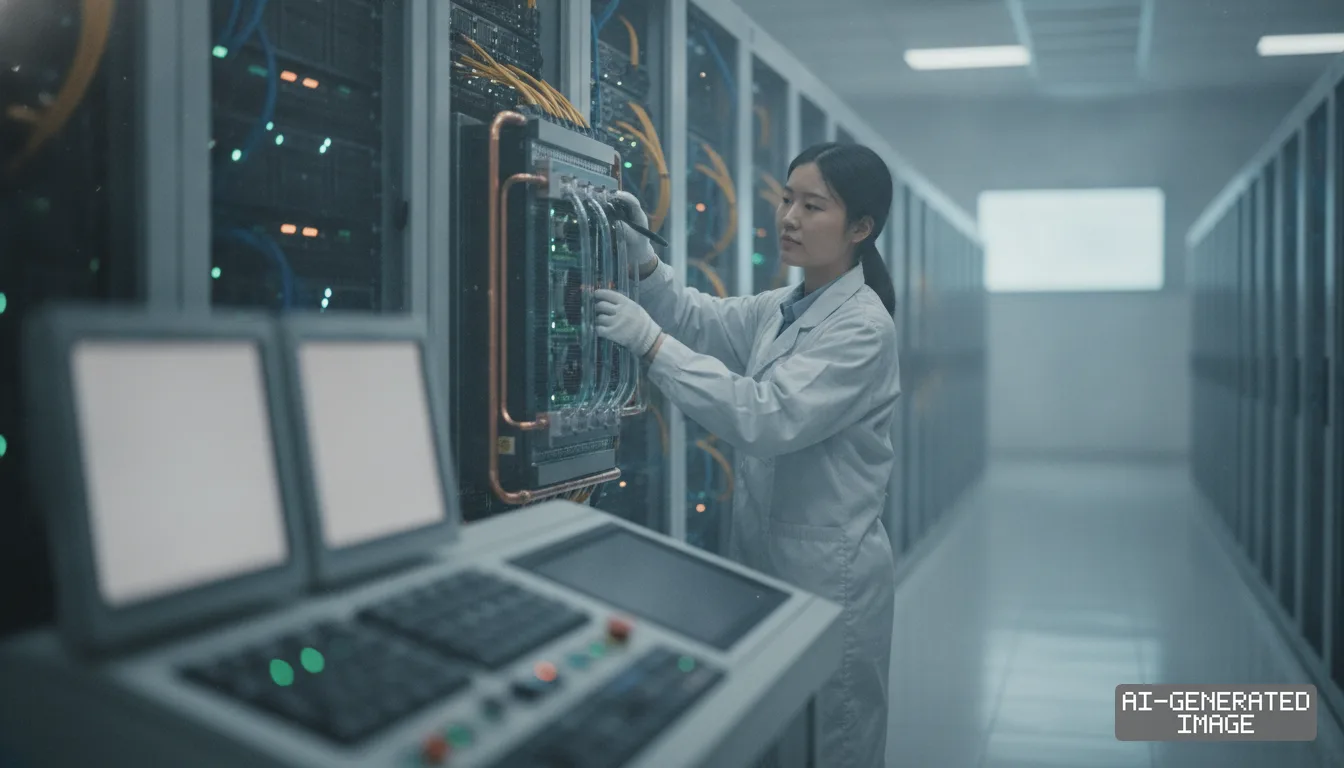 A technician in a white lab coat inspects server hardware inside a high-performance data center. (AI-generated image)