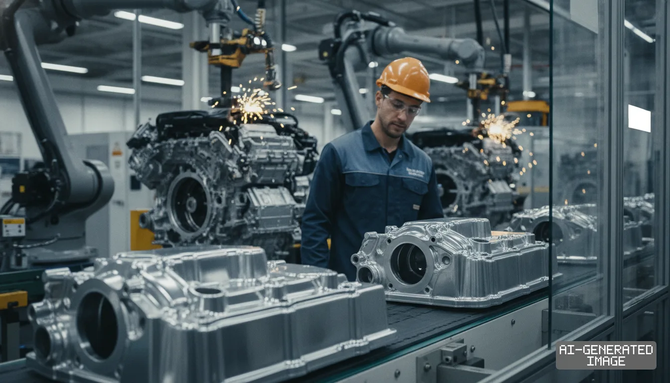 A worker monitors an automated assembly line as metal engine components move along a conveyor in an automotive manufacturing plant. (AI-generated image)