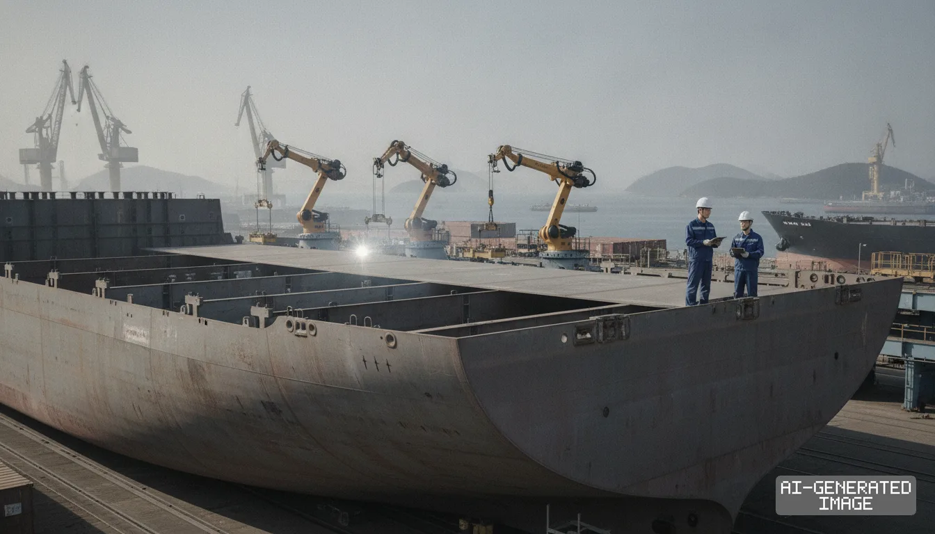 Two workers monitor automated robotic arms assembling steel plates on a large vessel at a shipyard. (AI-generated image)