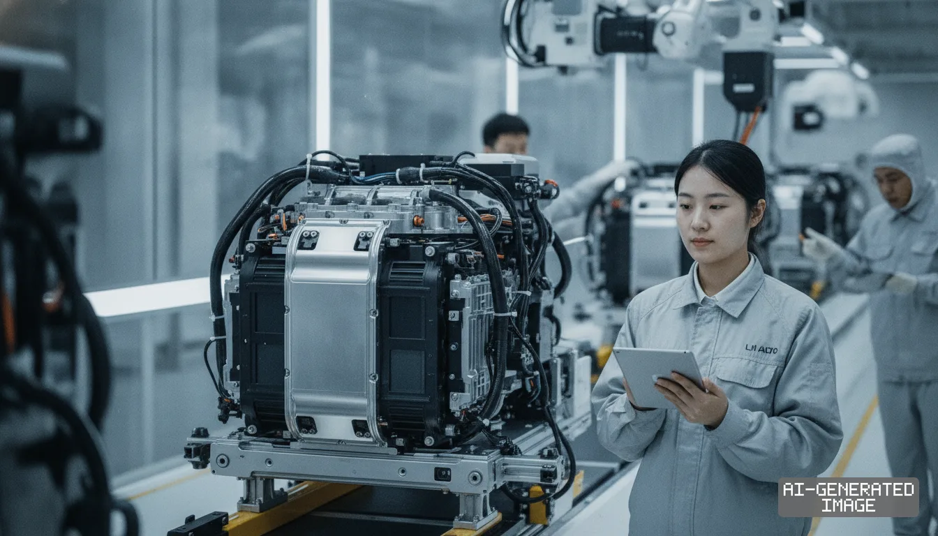 A worker holding a tablet inspects an electric vehicle powertrain unit along an assembly line at a Li Auto factory. (AI-generated image)