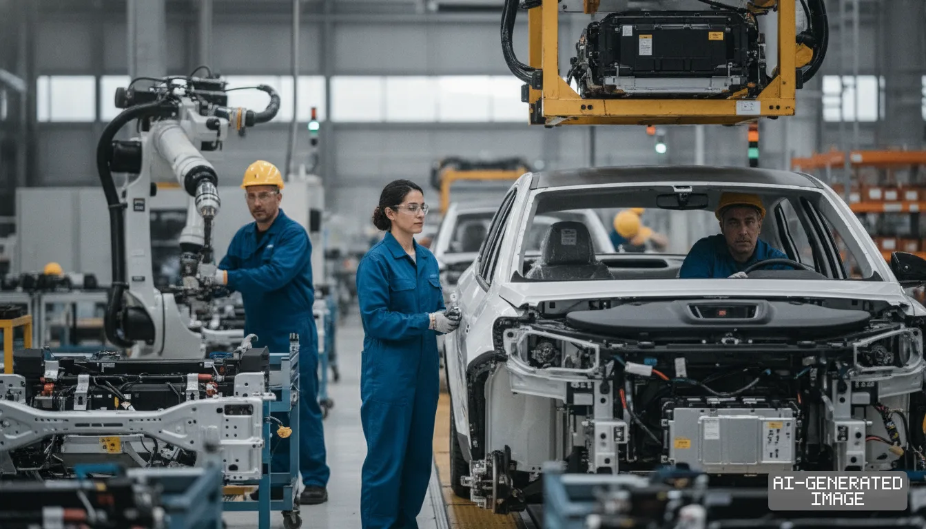 Factory technicians install components on an electric vehicle along an automated automotive assembly line. (AI-generated image)