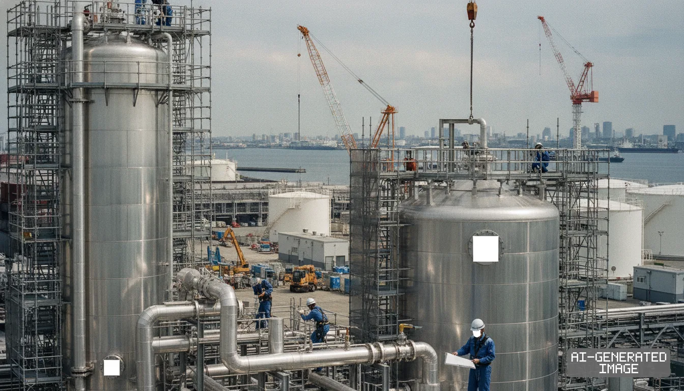 Workers inspect piping and tanks during the construction of a hydrogen liquefaction facility in Kawasaki, Japan. (AI-generated image)