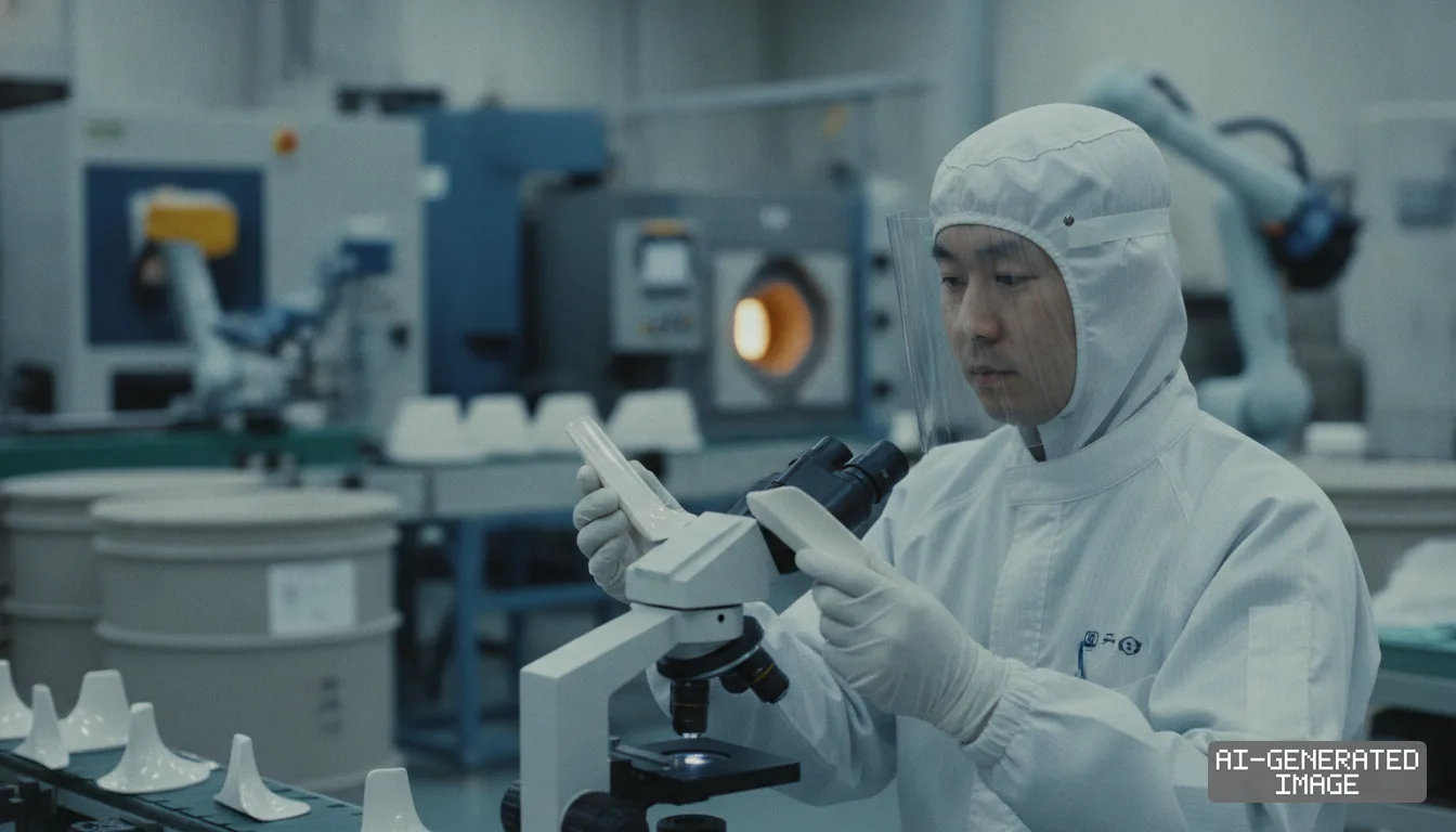 A technician wearing cleanroom gear inspects ceramic components beside a microscope in an industrial manufacturing plant. (AI-generated image)