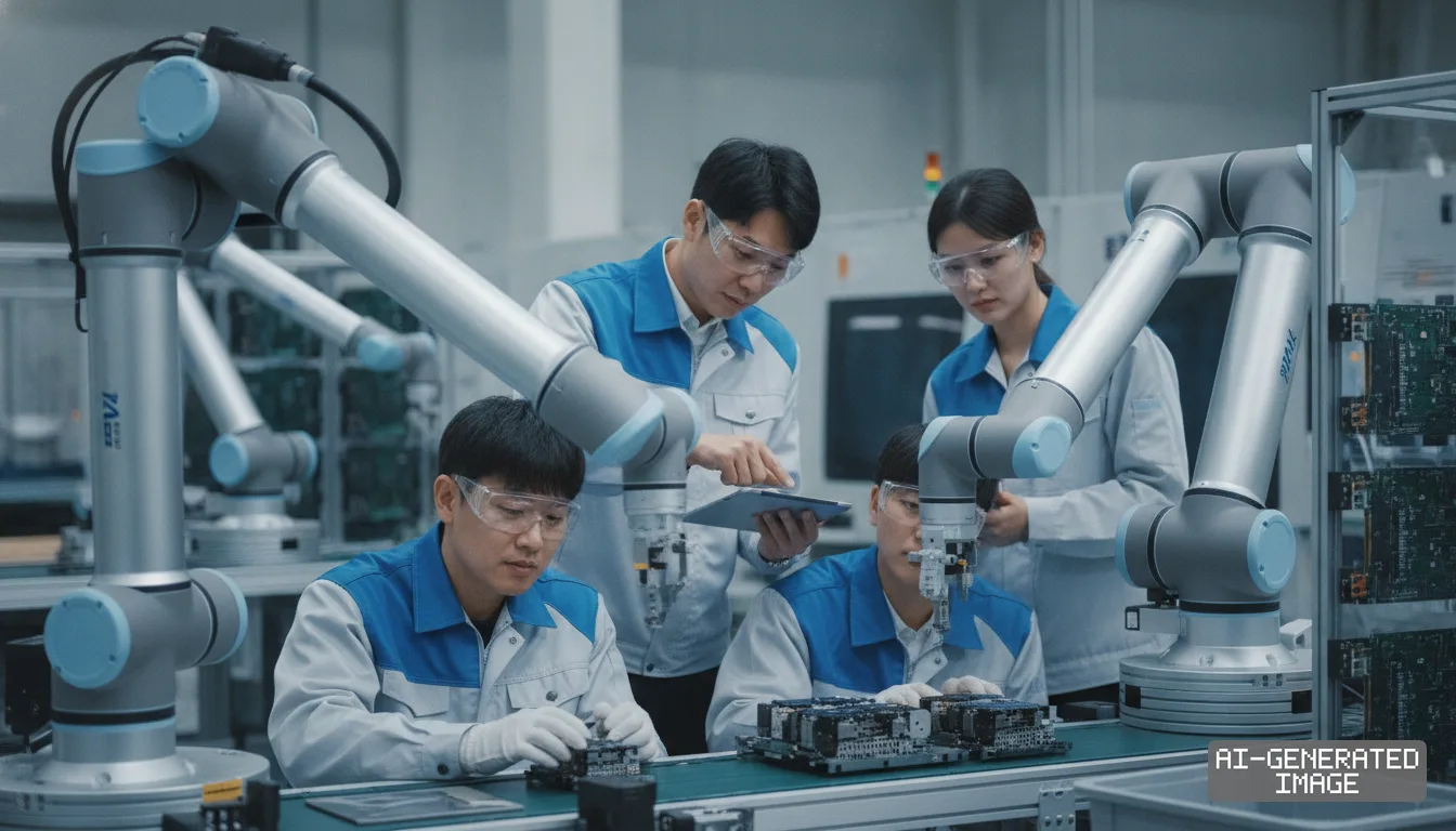Technicians work alongside collaborative robotic arms to assemble electronics on a factory production line. (AI-generated image)