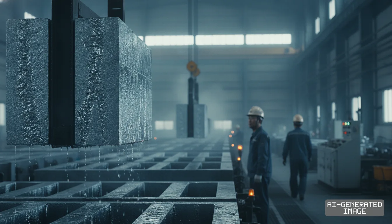 Workers oversee operations inside a metal smelting plant as large, wet slabs hang suspended from an overhead crane. (AI-generated image)