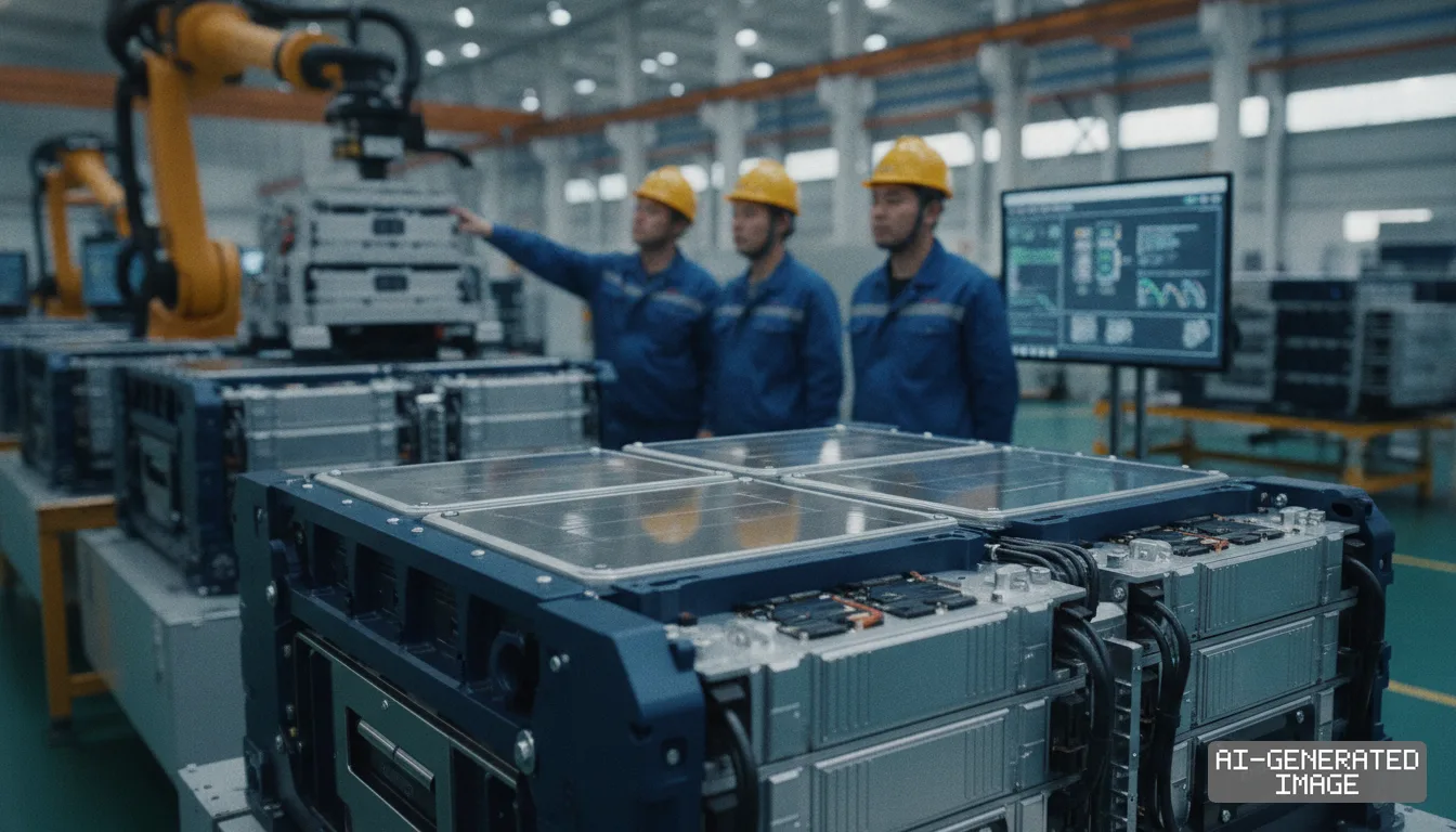 Workers observe an automated production line assembling heavy-duty electric vehicle battery packs inside a manufacturing facility. (AI-generated image)