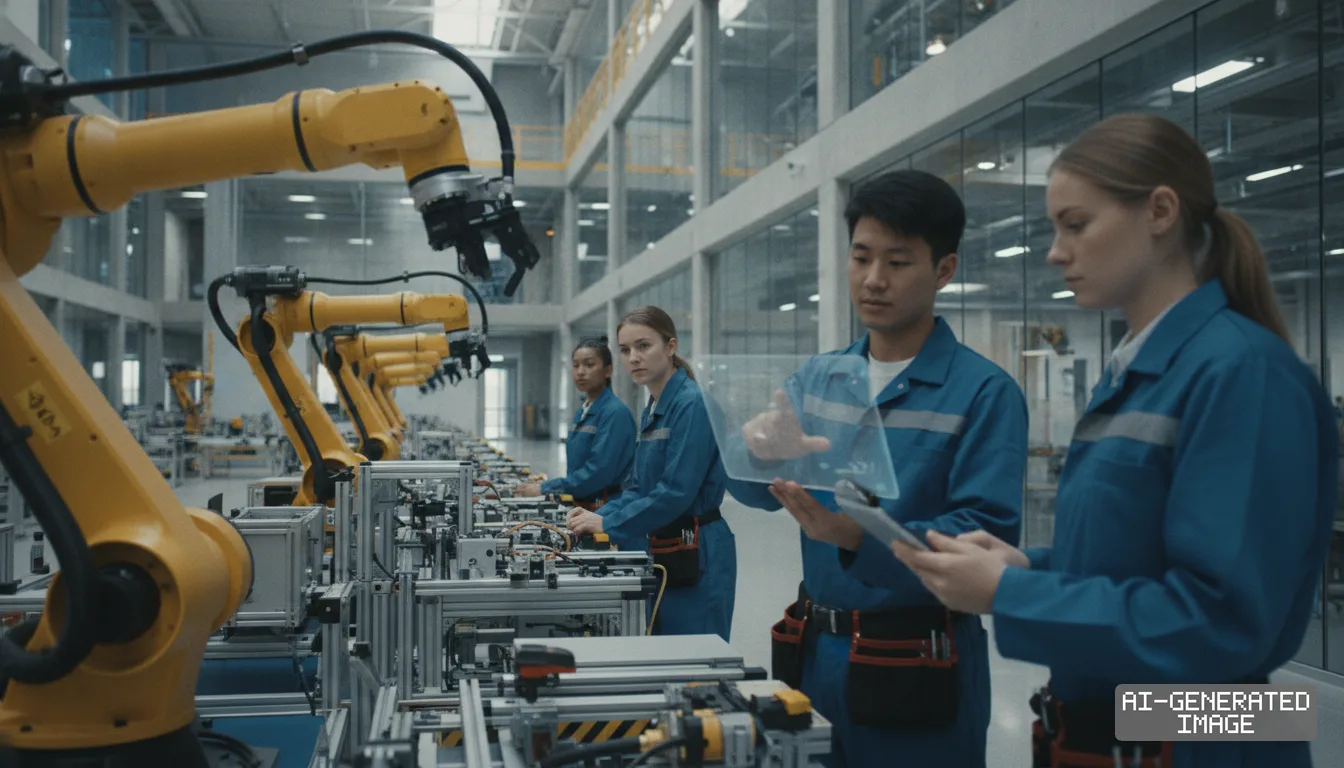 Trainees in blue uniforms work with yellow industrial robotic arms and digital displays inside an automation training facility. (AI-generated image)