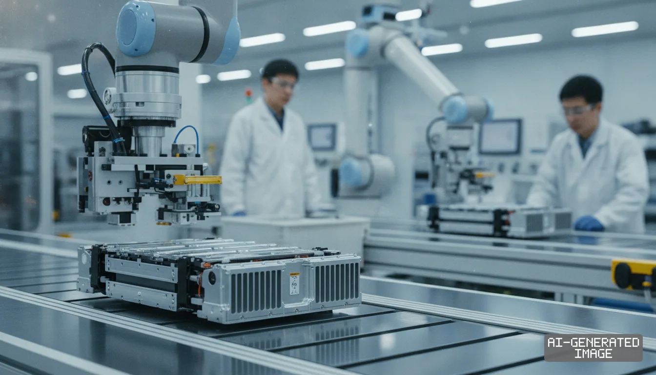 Robotic arms assemble electric-vehicle battery packs along an automated production line monitored by workers in lab coats. (AI-generated image)