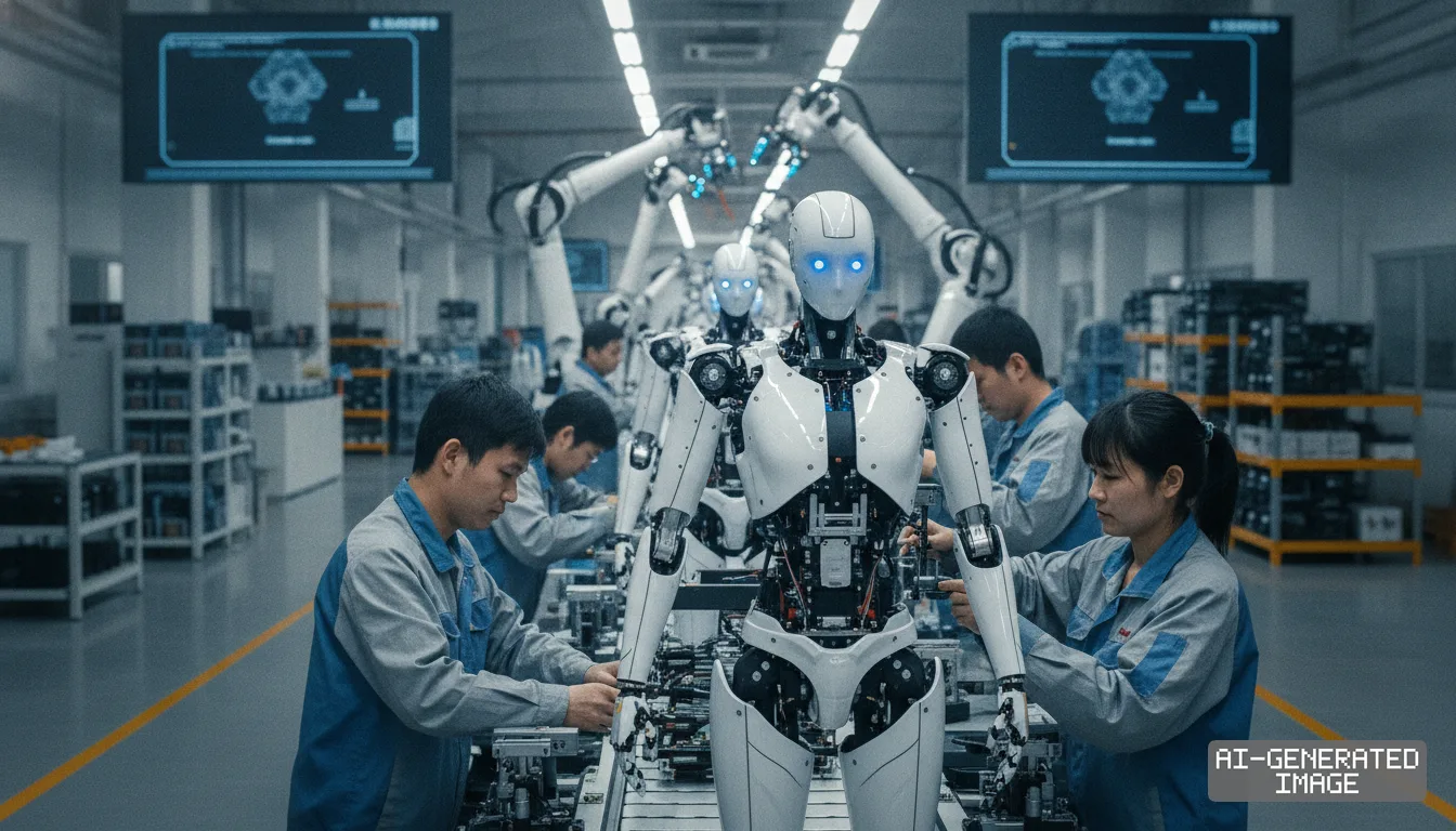 Factory workers assemble humanoid robots along a manufacturing line equipped with automated robotic arms. (AI-generated image)
