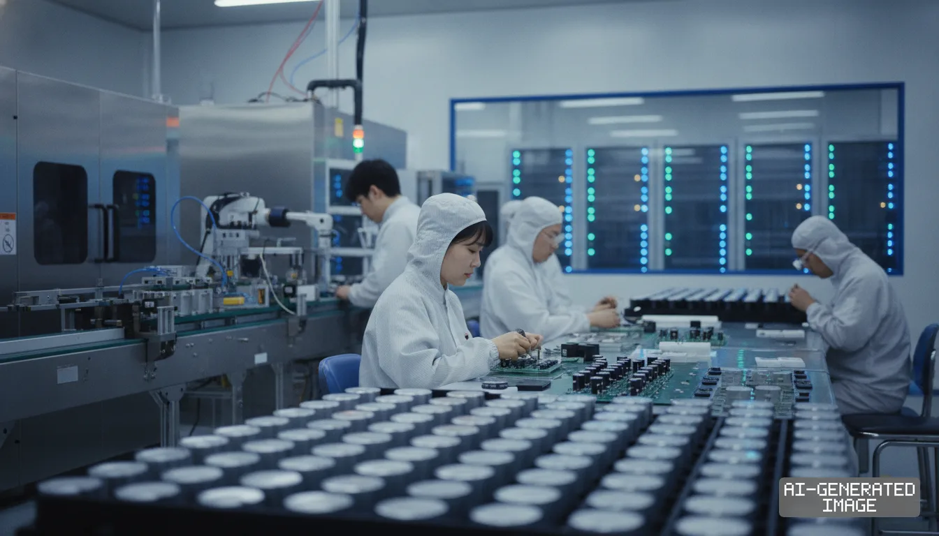 Workers in protective gear assemble electronic components and circuit boards inside a supercapacitor manufacturing facility. (AI-generated image)