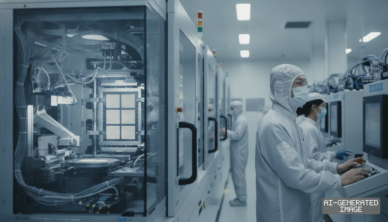 Technicians wearing protective cleanroom suits operate automated machinery along an advanced semiconductor fabrication line. (AI-generated image)