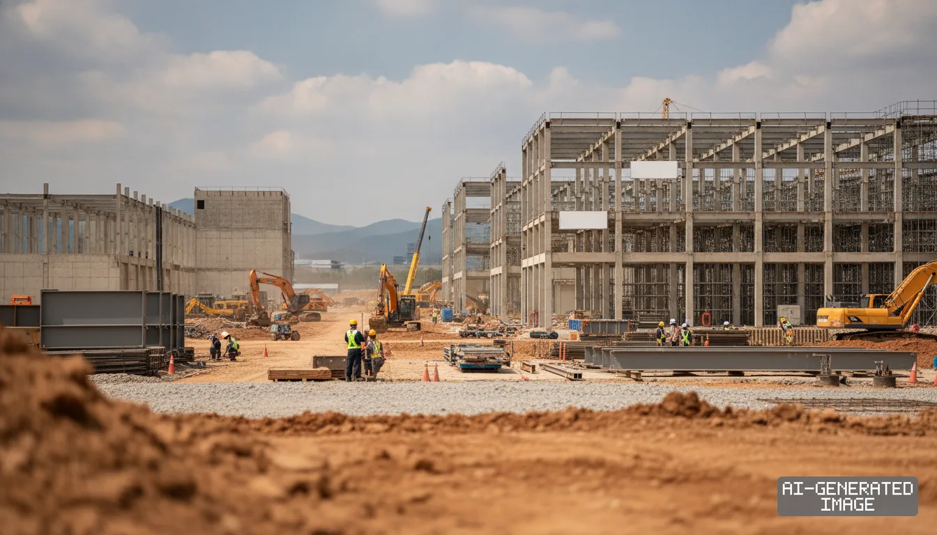 Workers and heavy machinery operate around large building frameworks at a semiconductor facility construction site in South Korea. (AI-generated image)