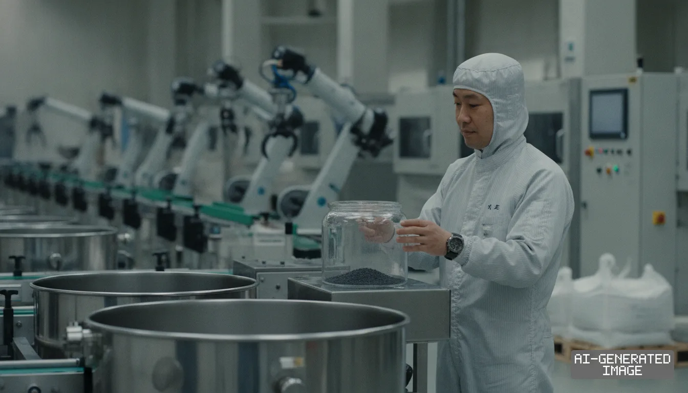 A technician in cleanroom attire handles a container of dark mineral material along an automated processing line. (AI-generated image)