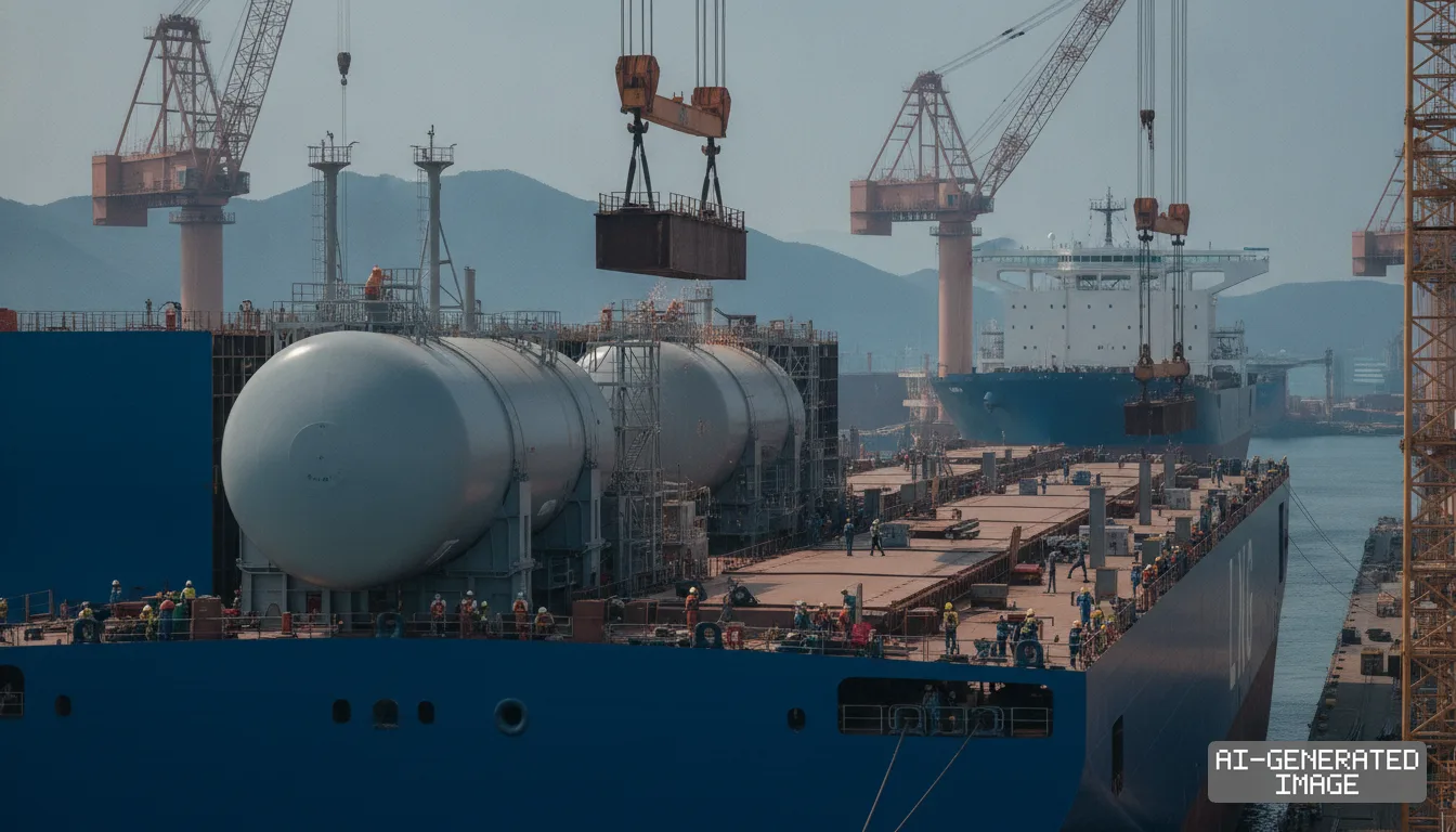 Workers and overhead cranes assemble a large vessel fitted with cylindrical liquefied natural gas tanks. (AI-generated image)