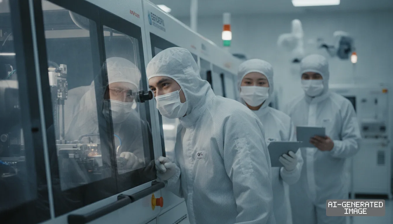 Engineers in protective cleanroom suits inspect semiconductor machinery while colleagues hold digital tablets. (AI-generated image)