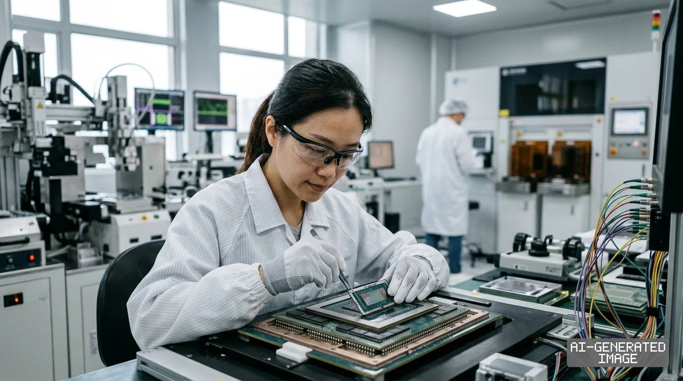 A technician works on an advanced semiconductor chip using tweezers inside an electronics testing laboratory. (AI-generated image)