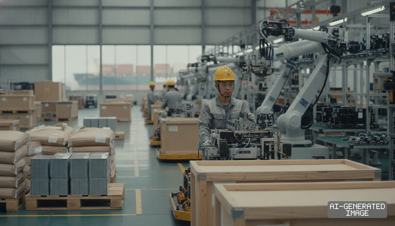 Factory workers assemble components alongside robotic arms in an Asian manufacturing plant with a cargo ship visible outside. (AI-generated image)