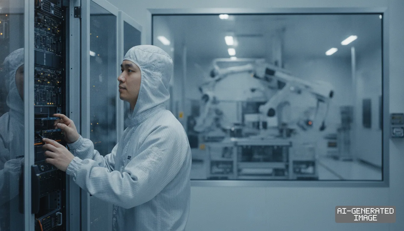 A technician in cleanroom attire works on a computing server rack in a high-tech facility with automated machinery in the background. (AI-generated image)