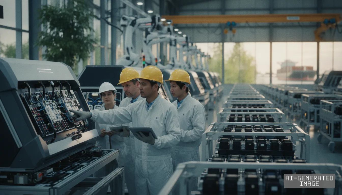 Technicians inspect equipment on an automated manufacturing line as industrial partners expand regional supply chains. (AI-generated image)