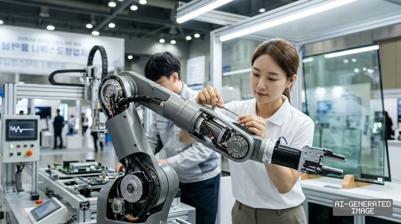 A woman adjusts an industrial robotic arm on display at a manufacturing technology exhibition. (AI-generated image)